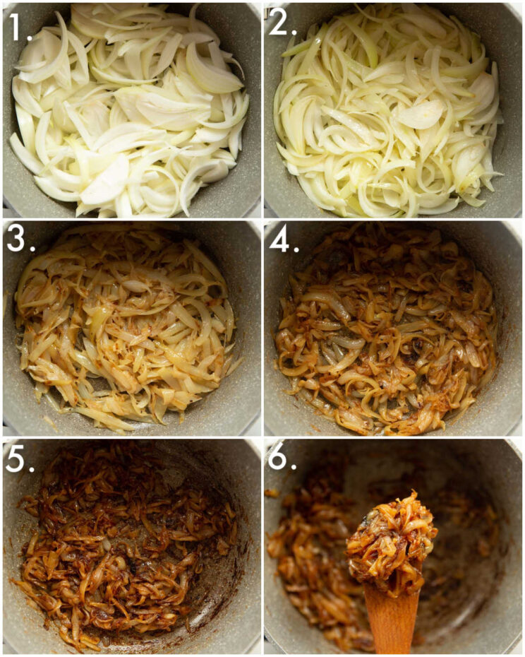 6 step by step photos showing how to caramelize onions for french onion soup