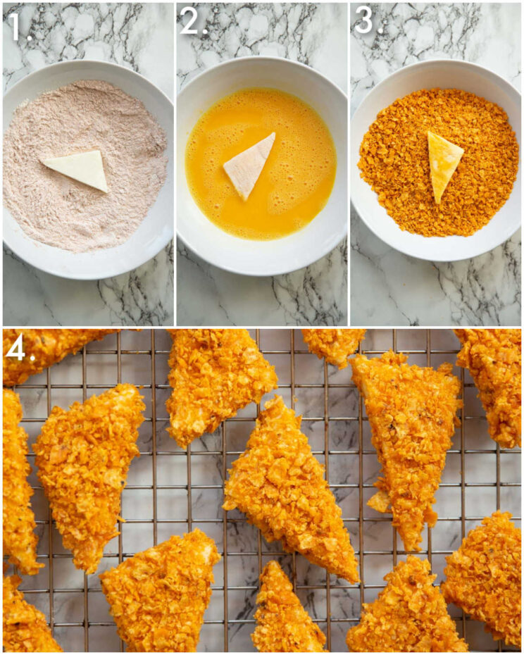 4 step by step photos showing how to coat cheese in Doritos