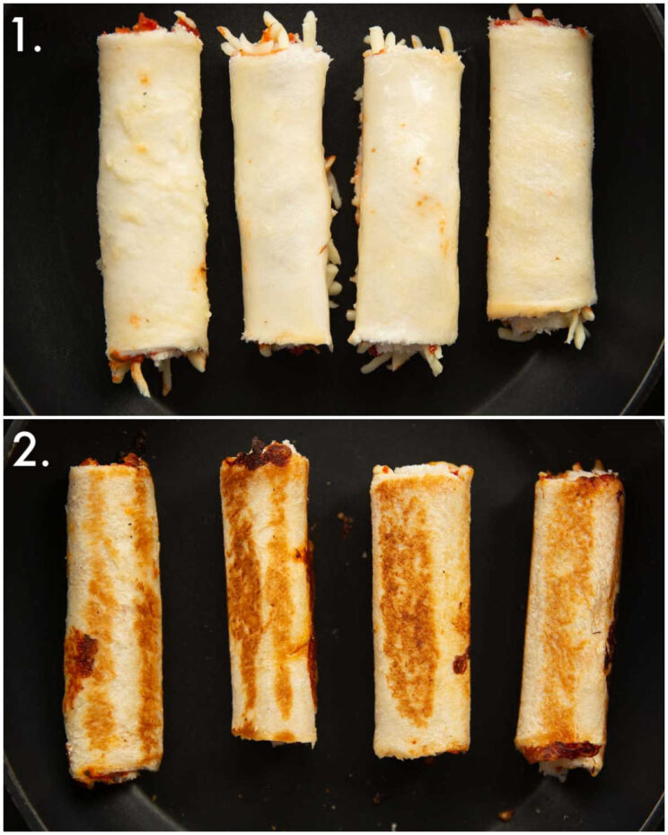 2 step by step photos showing how to cook pizza roll ups