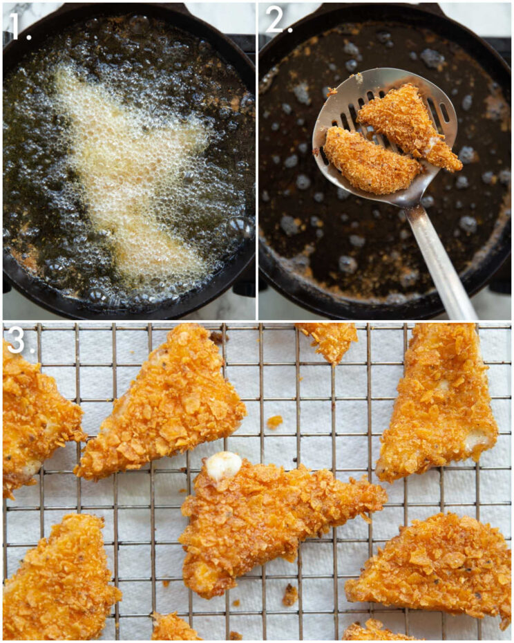 3 step by step photos showing how to fry Doritos mozzarella