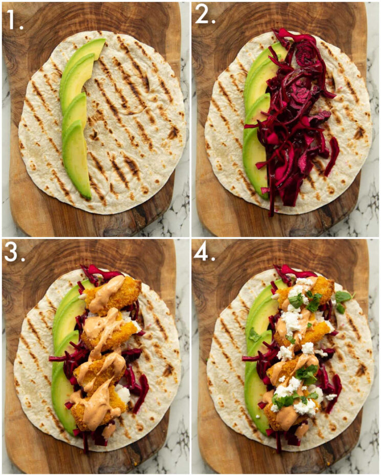 4 step by step photos showing how to make fish finger tacos
