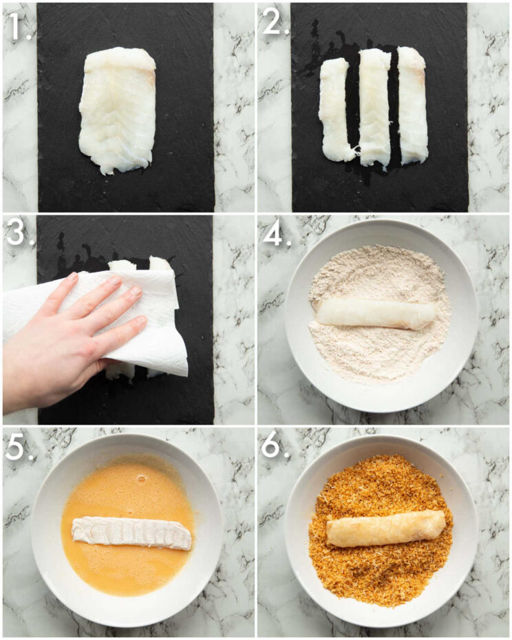 6 step by step photos showing how to make fish fingers
