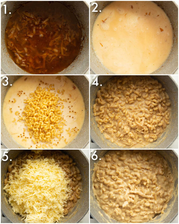 6 step by step photos showing how to make french onion mac and cheese