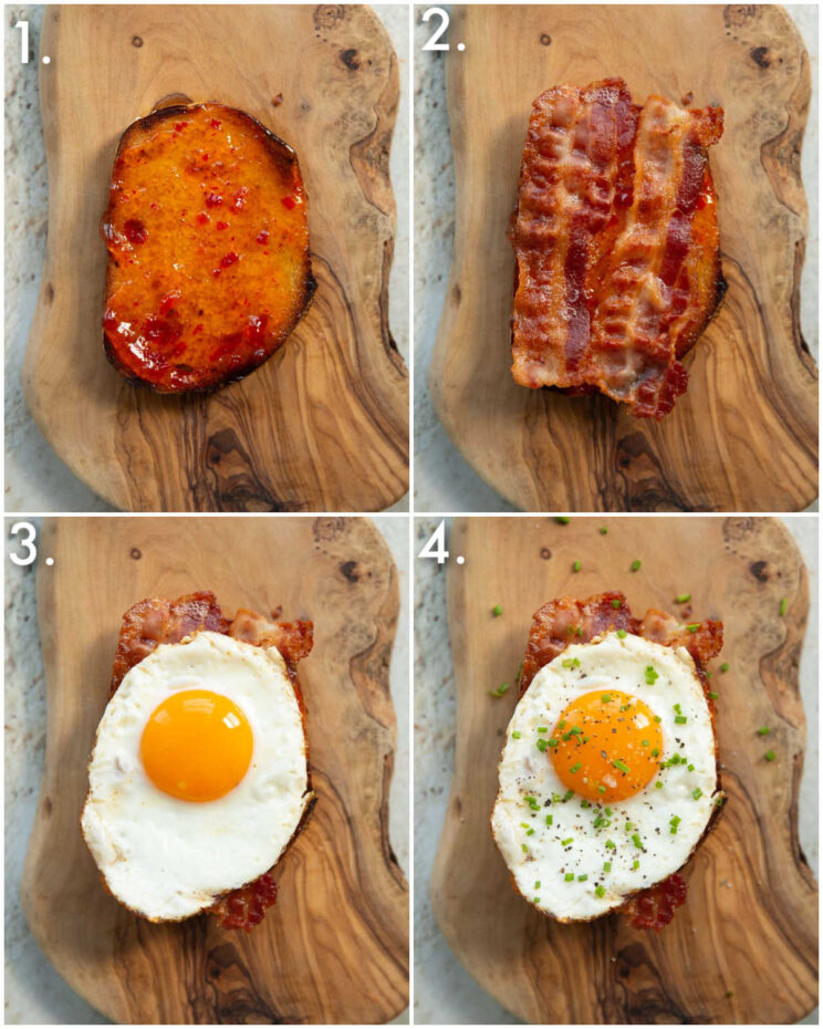 4 step by step photos showing how to make fried egg on toast