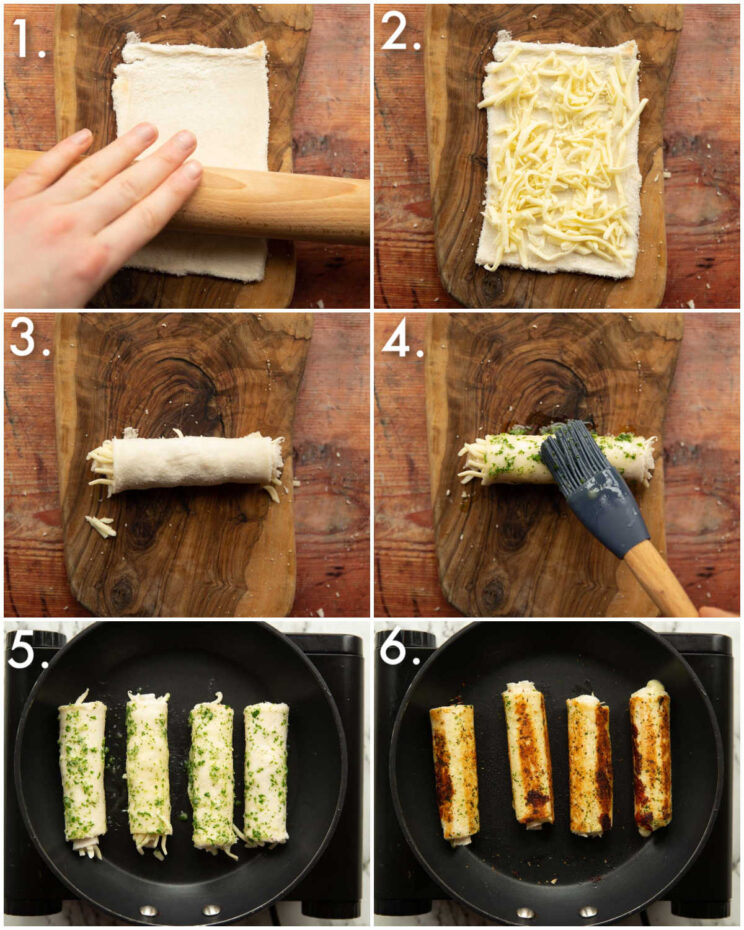 6 step by step photos showing how to make garlic bread roll ups