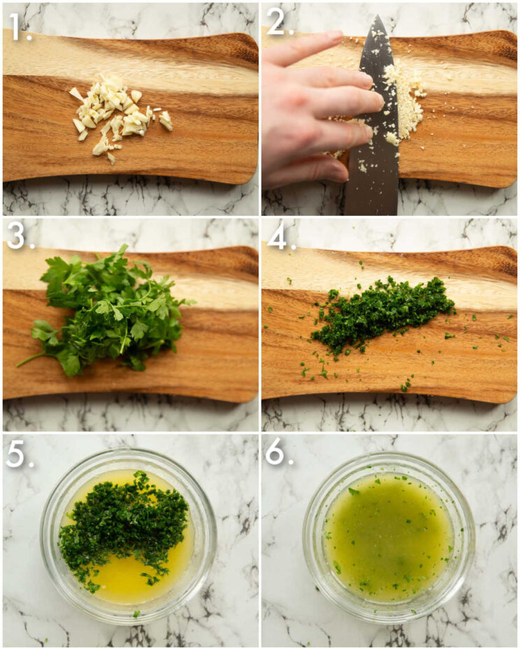 6 step by step photos showing how to make garlic butter