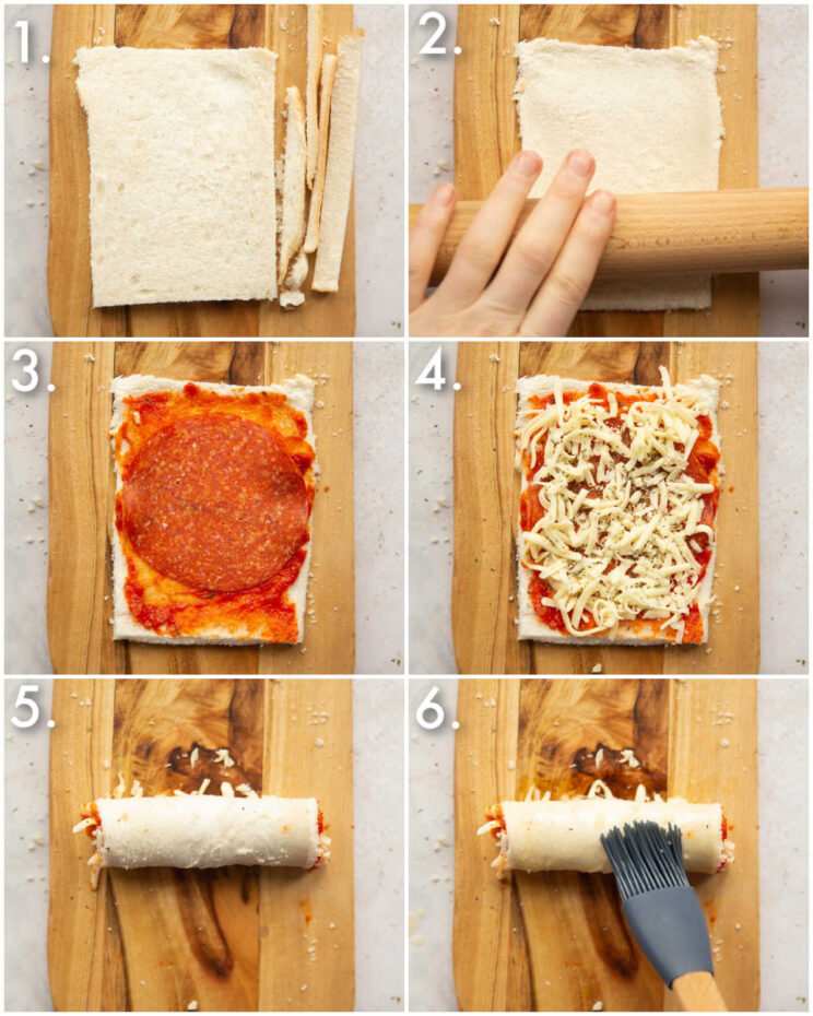 6 step by step photos showing how to make pizza roll ups