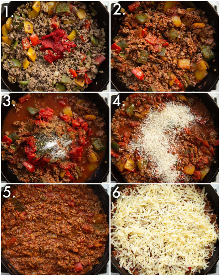 6 step by step photos showing how to make unstuffed peppers