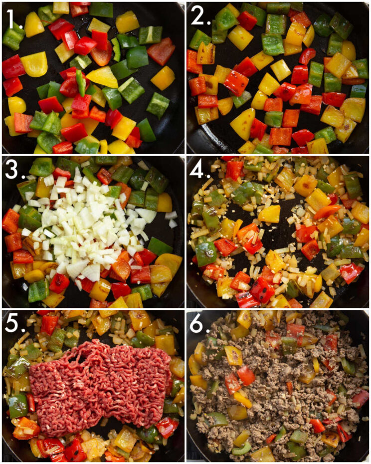 6 step by step photos showing how to make unstuffed peppers