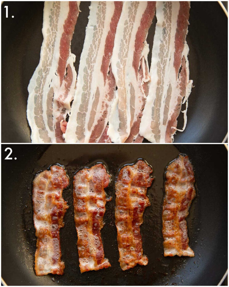 2 step by step photos showing how to pan fry bacon