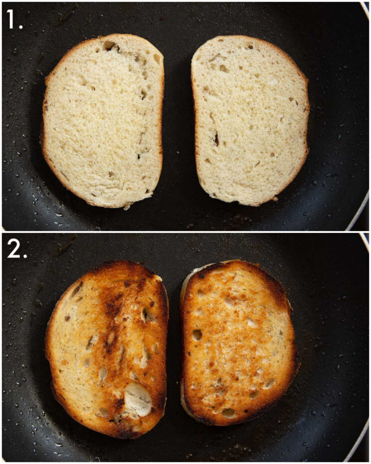 2 step by step photos showing how to pan fry bread