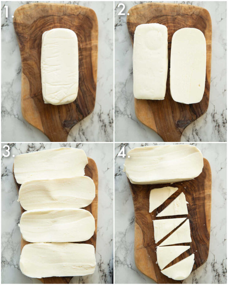 4 step by step photos showing how to slice mozzarella into triangles