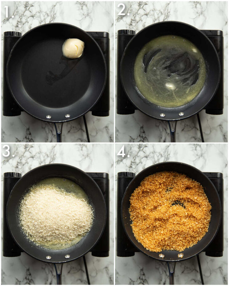 4 step by step photos showing how to toast breadcrumbs