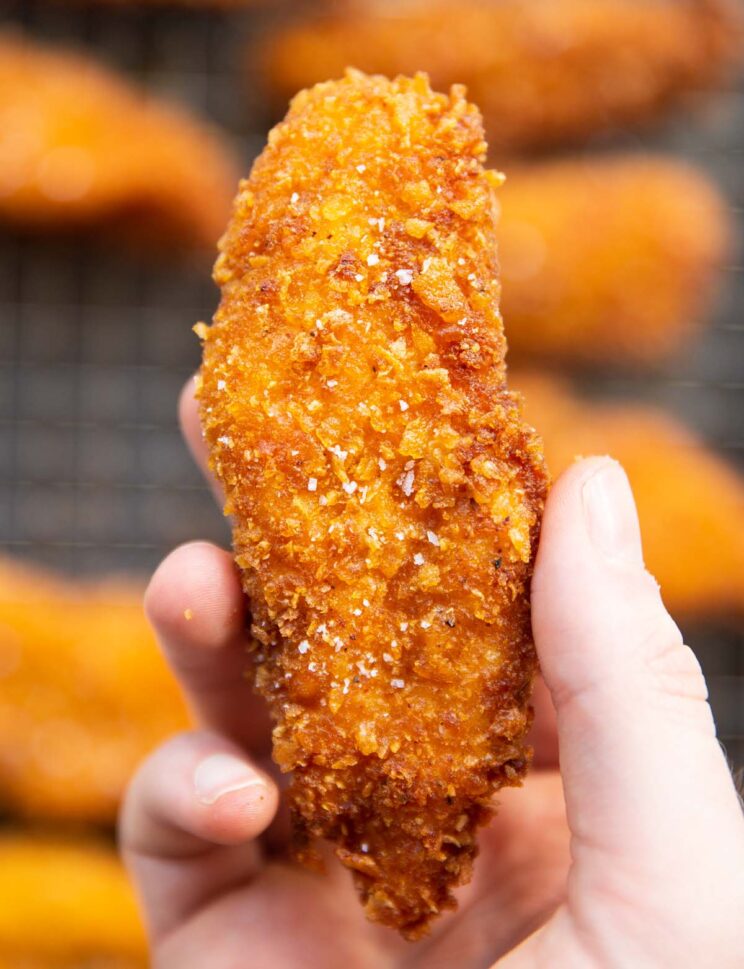 close up overhead shot of hand holding cornflake chicken