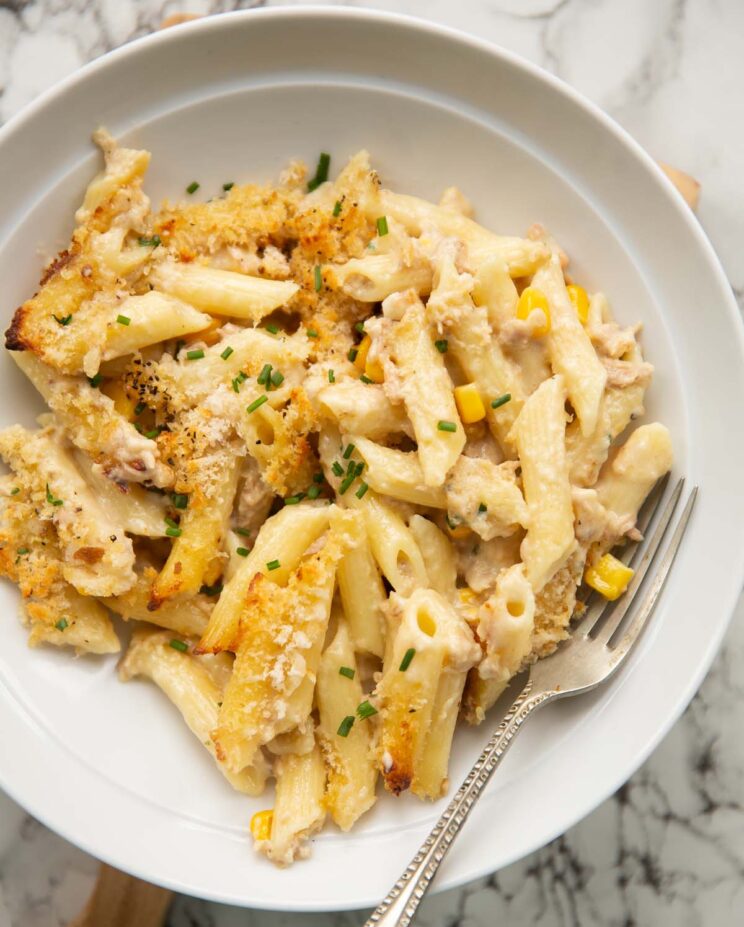 overhead shot of creamy tuna pasta bake in 
