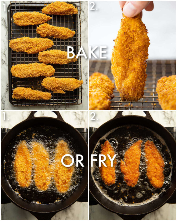4 step by step photos showing how to cook cornflake chicken