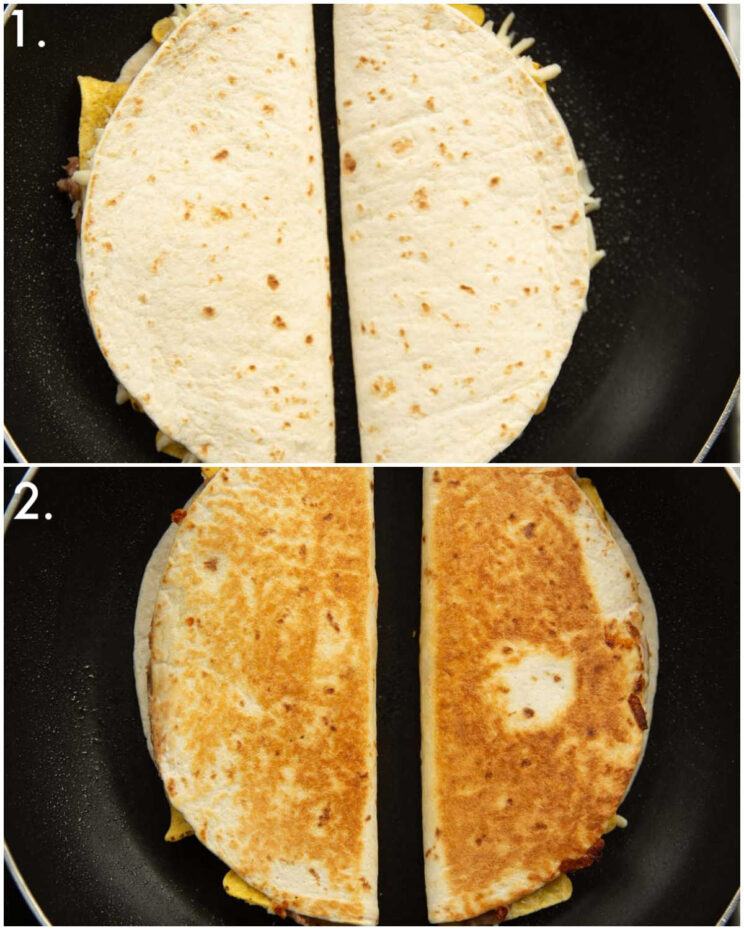 2 step by step photos showing how to cook refried bean quesadillas
