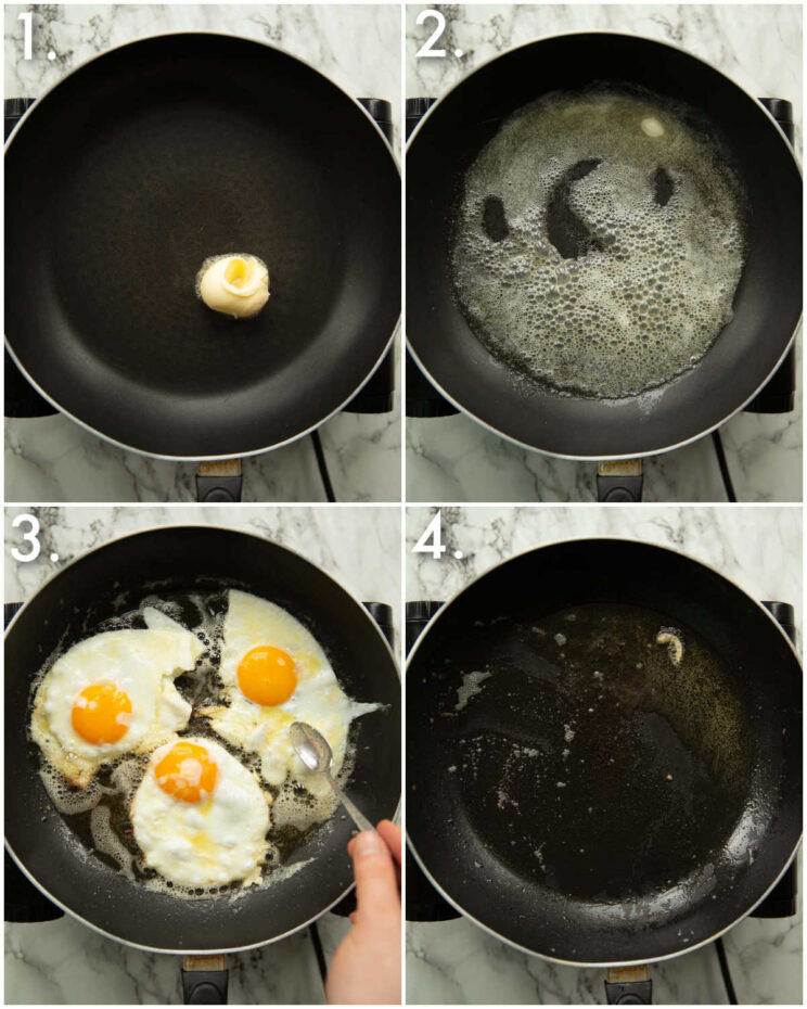 4 step by step photos showing how to fry eggs in butter