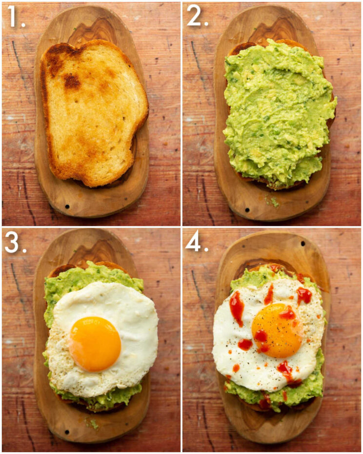 4 step by step photos showing how to make avocado egg on toast