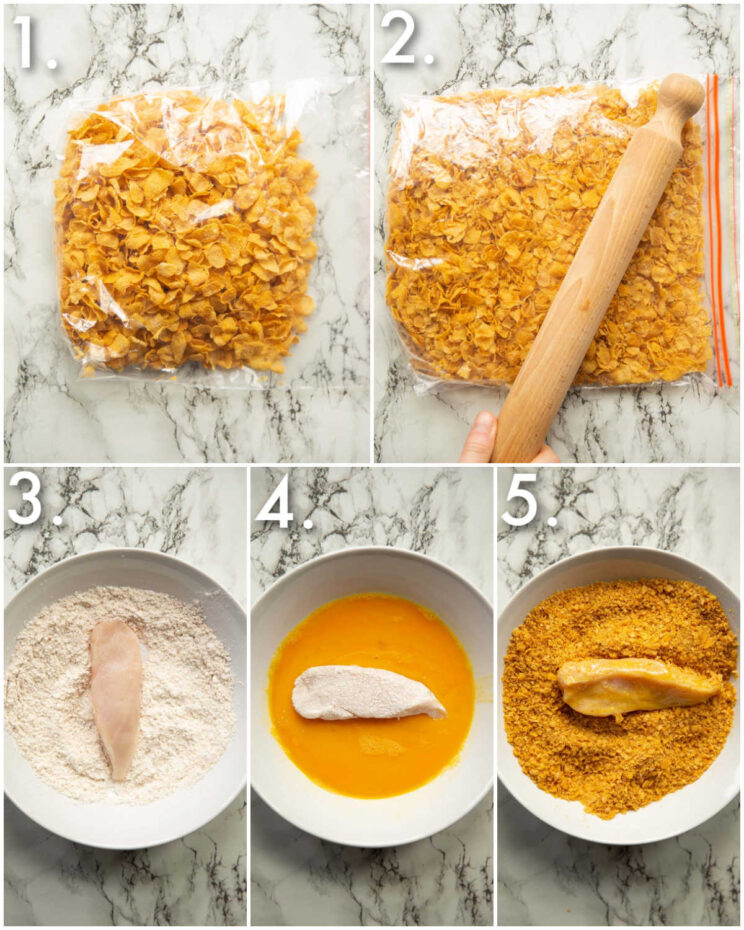 5 step by step photos showing how to make cornflake chicken