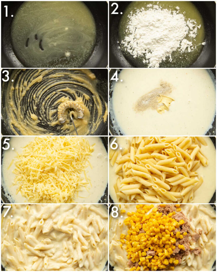 8 step by step photos showing how to make creamy tuna pasta bake