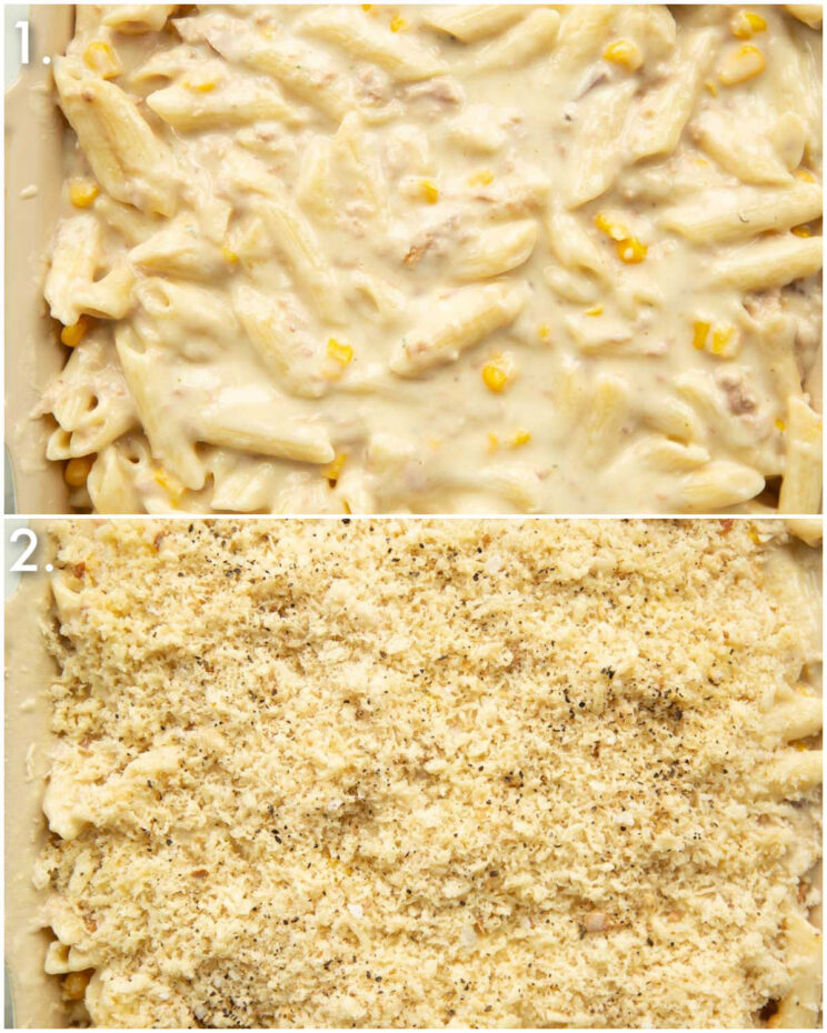 2 step by step photos showing how to make creamy tuna pasta bake