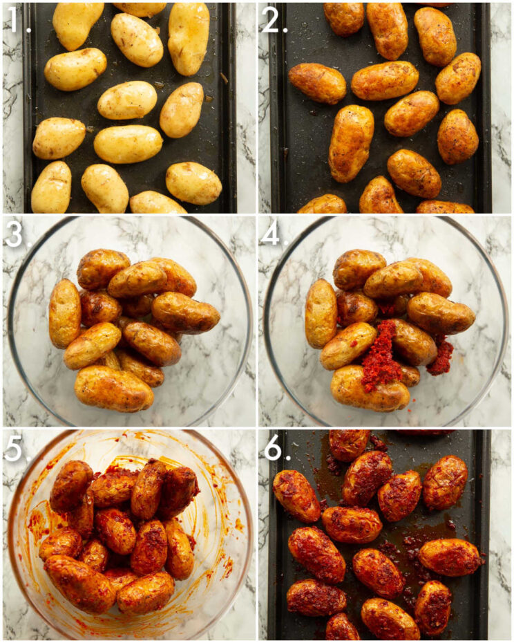6 step by step photos showing how to make nduja potatoes