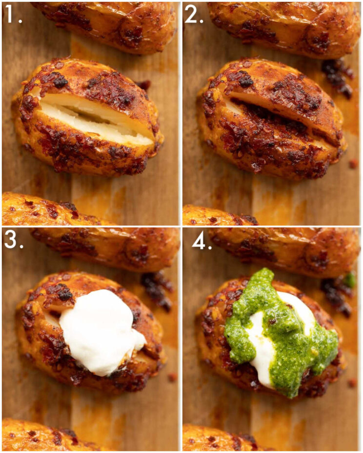 4 step by step photos showing how to make pesto potatoes
