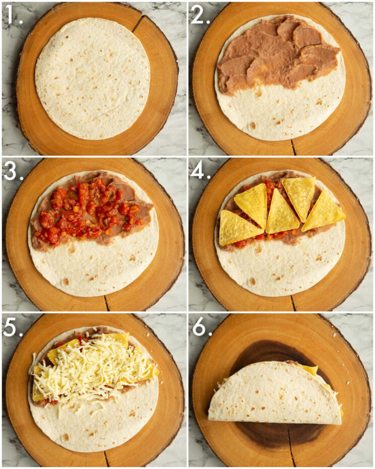 6 step by step photos showing how to make refried bean quesadillas