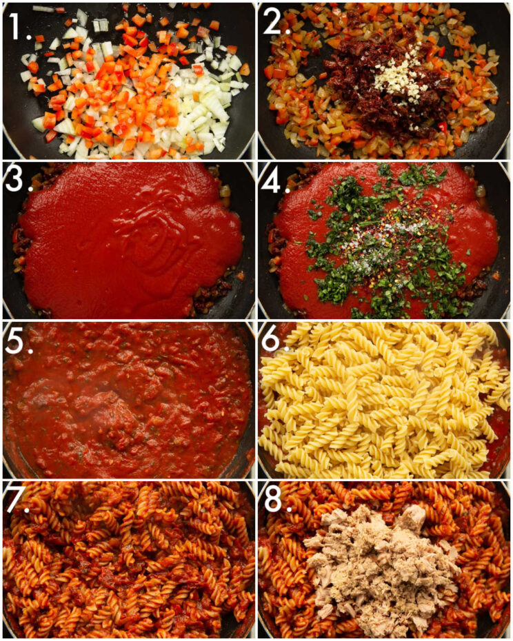 8 step by step photos showing how to make tomato tuna pasta