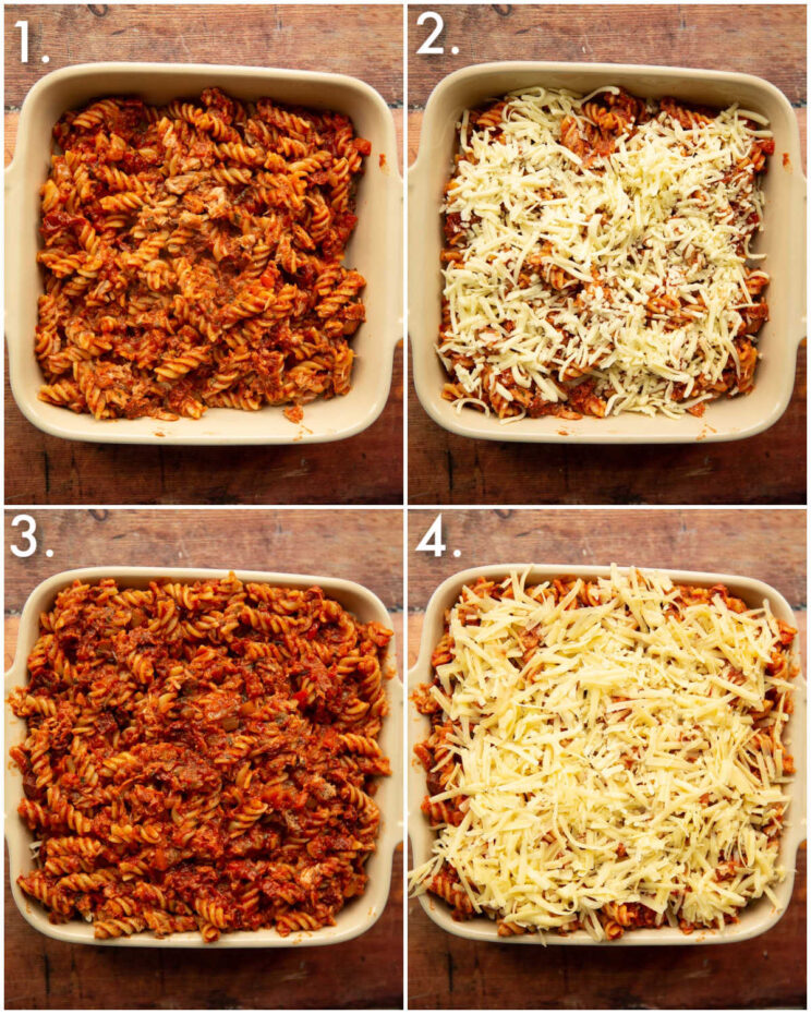4 step by step photos showing how to make tomato tuna pasta bake