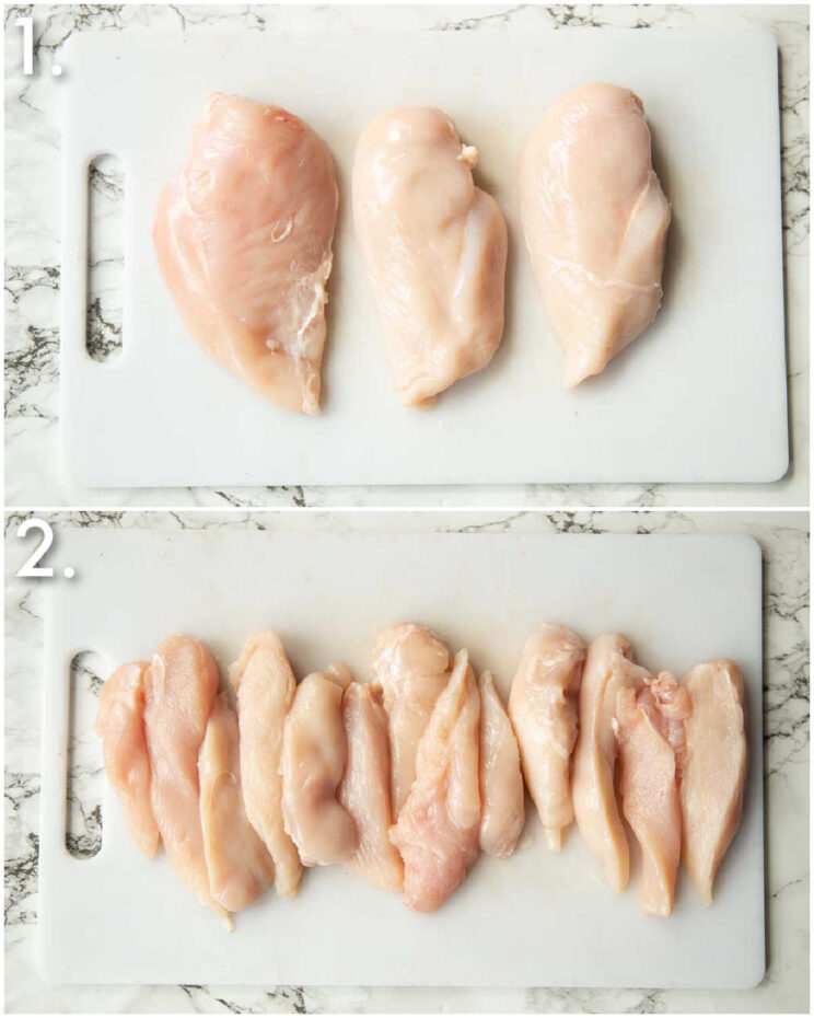2 step by step photos showing how to slice chicken into strips