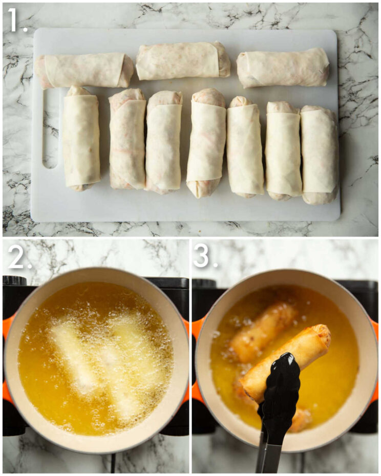 3 step by step photos showing how to fry spring rolls
