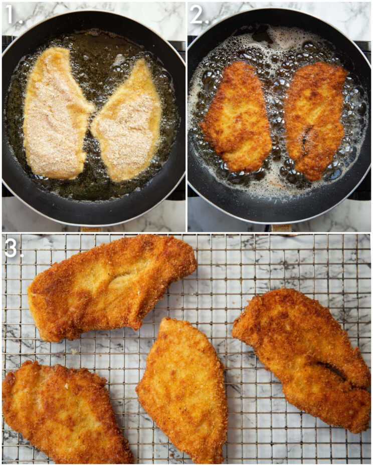 3 step by step photos showing how to make crispy chicken