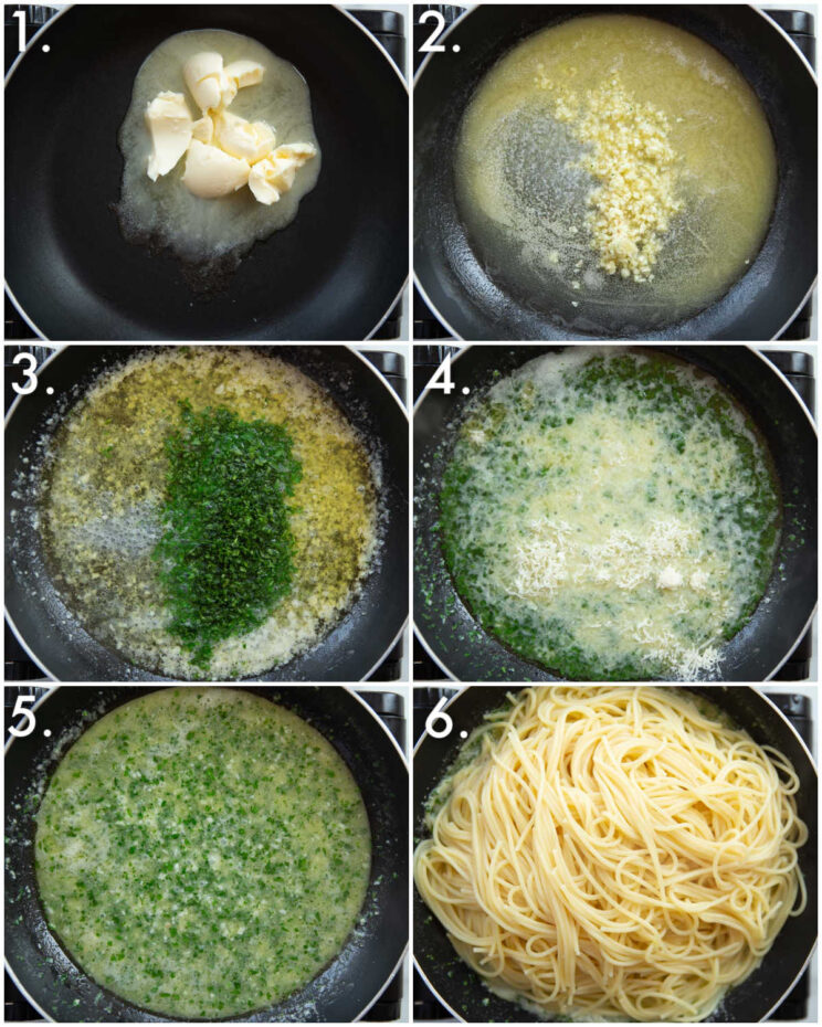 6 step by step photos showing how to make garlic butter pasta