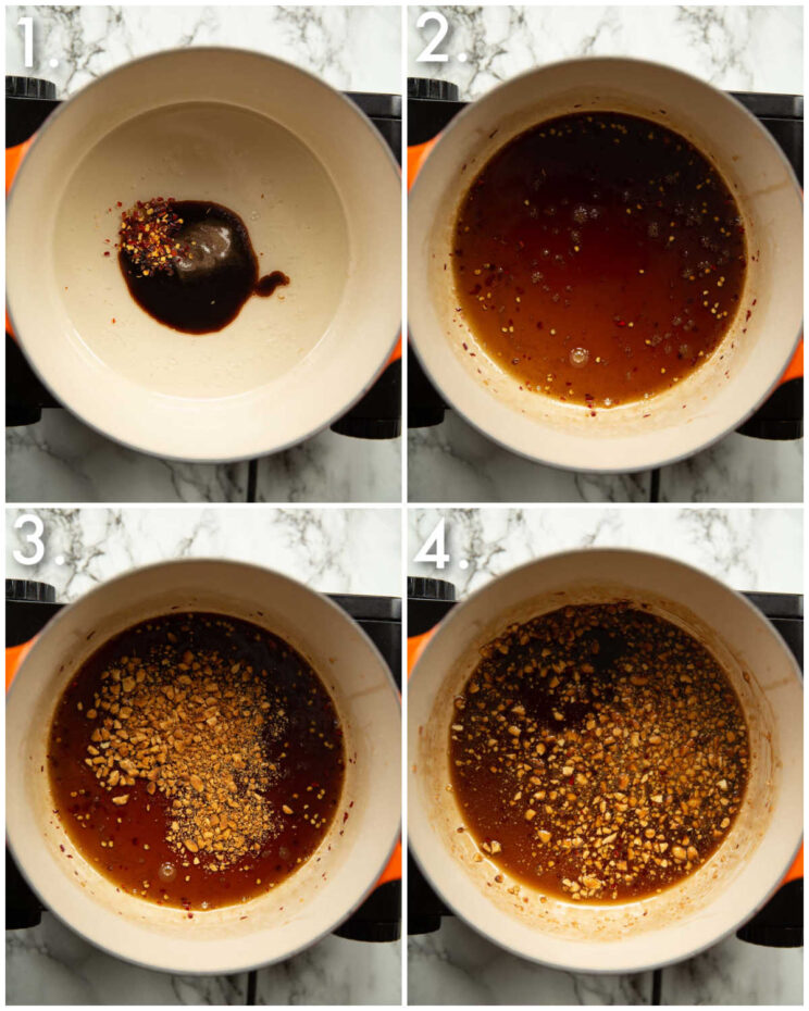 4 step by step photos showing how to make spring roll dipping sauce