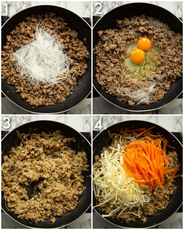 4 step by step photos showing how to make Thai spring roll filling