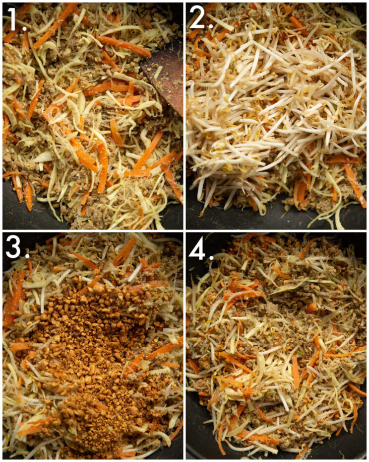 4 step by step photos showing how to make Thai spring roll filling
