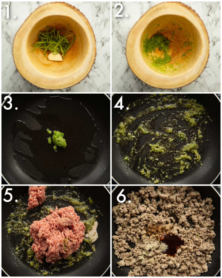 6 step by step photos showing how to make Thai spring roll filling