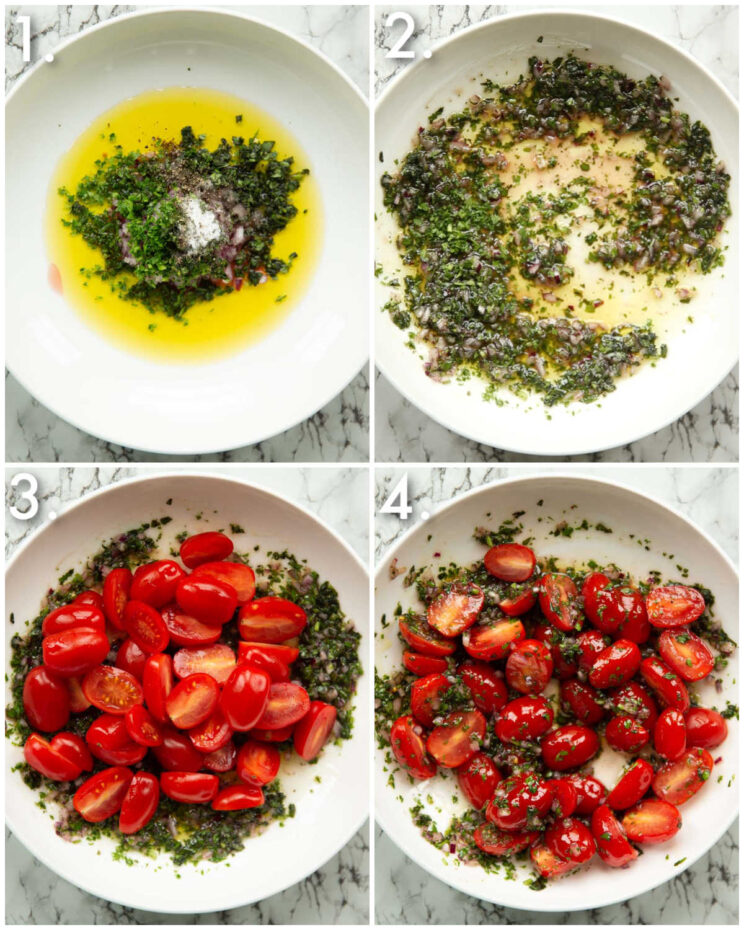 4 step by step photos showing how to marinate tomatoes
