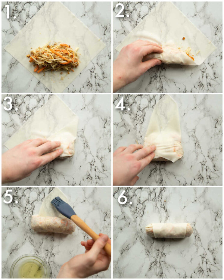 6 step by step photos showing how to roll spring rolls