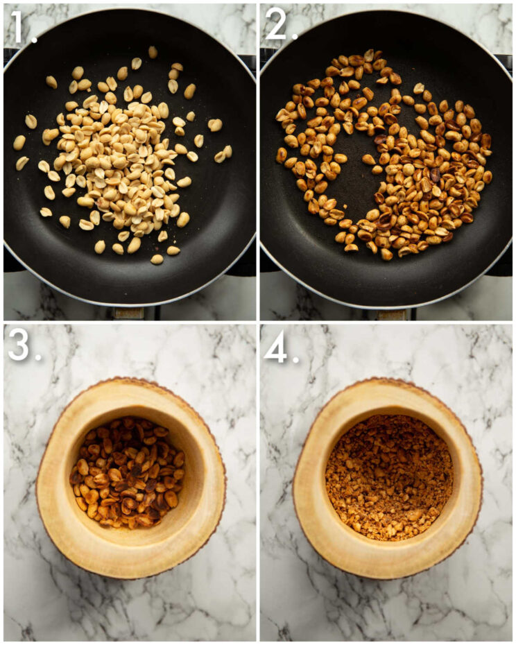 4 step by step photos showing how to toast peanuts