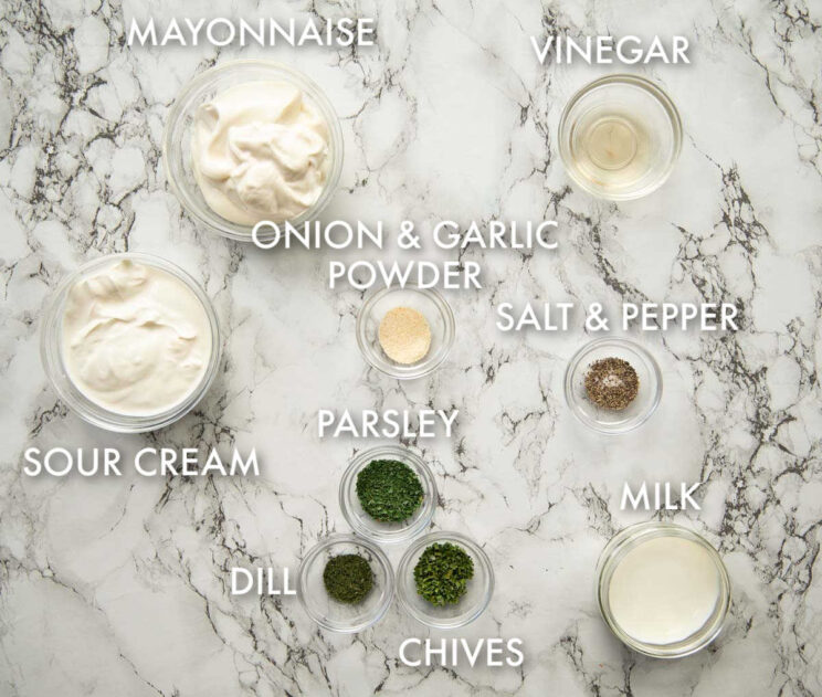 overhead shot of ranch ingredients with text labels