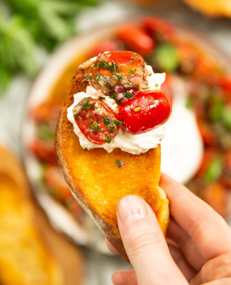 close up overhead shot of hand holding toast with tomatoes and burrata on it
