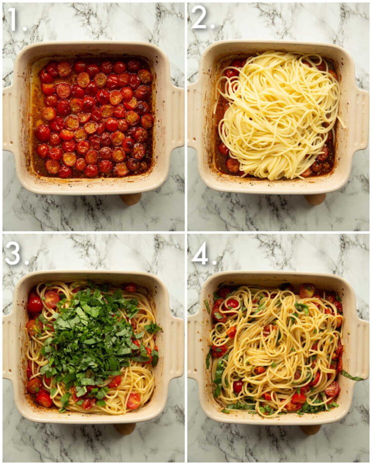 4 step by step photos showing how to make caprese pasta