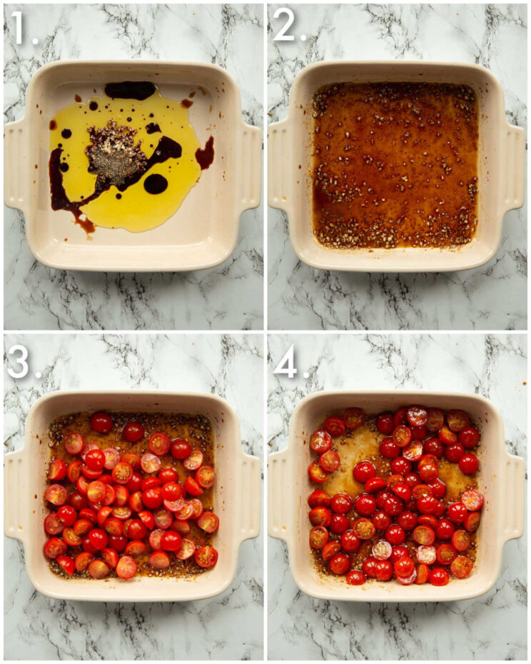 4 step by step photos showing how to roast tomatoes in balsamic vinegar