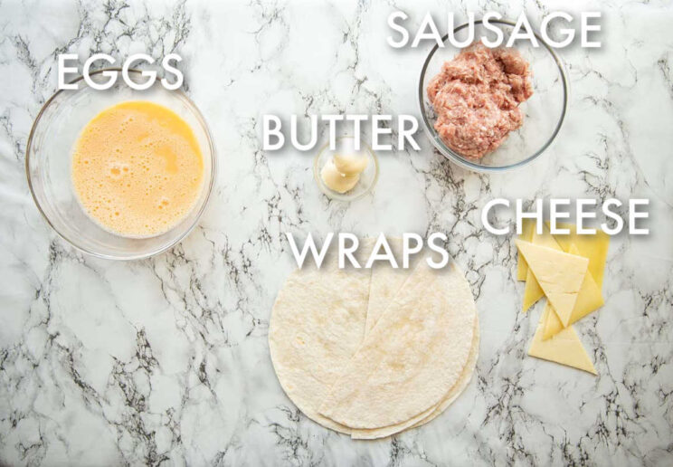 overhead shot of breakfast pockets ingredients with text labels