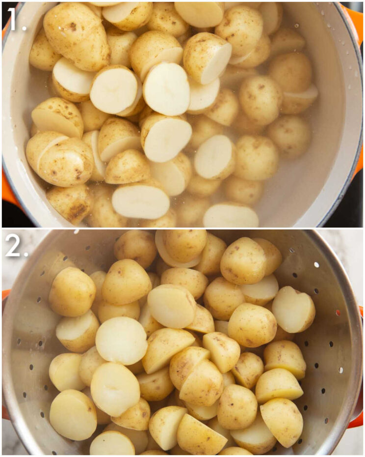2 step by step photos showing how to boil baby potatoes