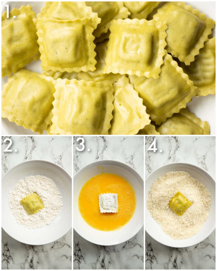 4 step by step photos showing how to coat ravioli in breadcrumbs