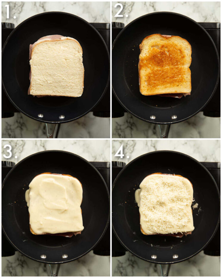 4 step by step photos showing how to cook a croque monsieur
